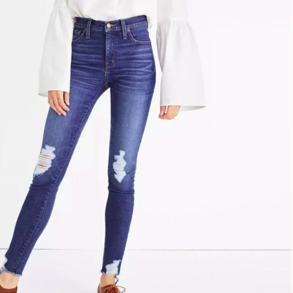 Madewell Women Blue 9 High Rise Skinny Destructed Destroyed Ankle Jeans Size 25